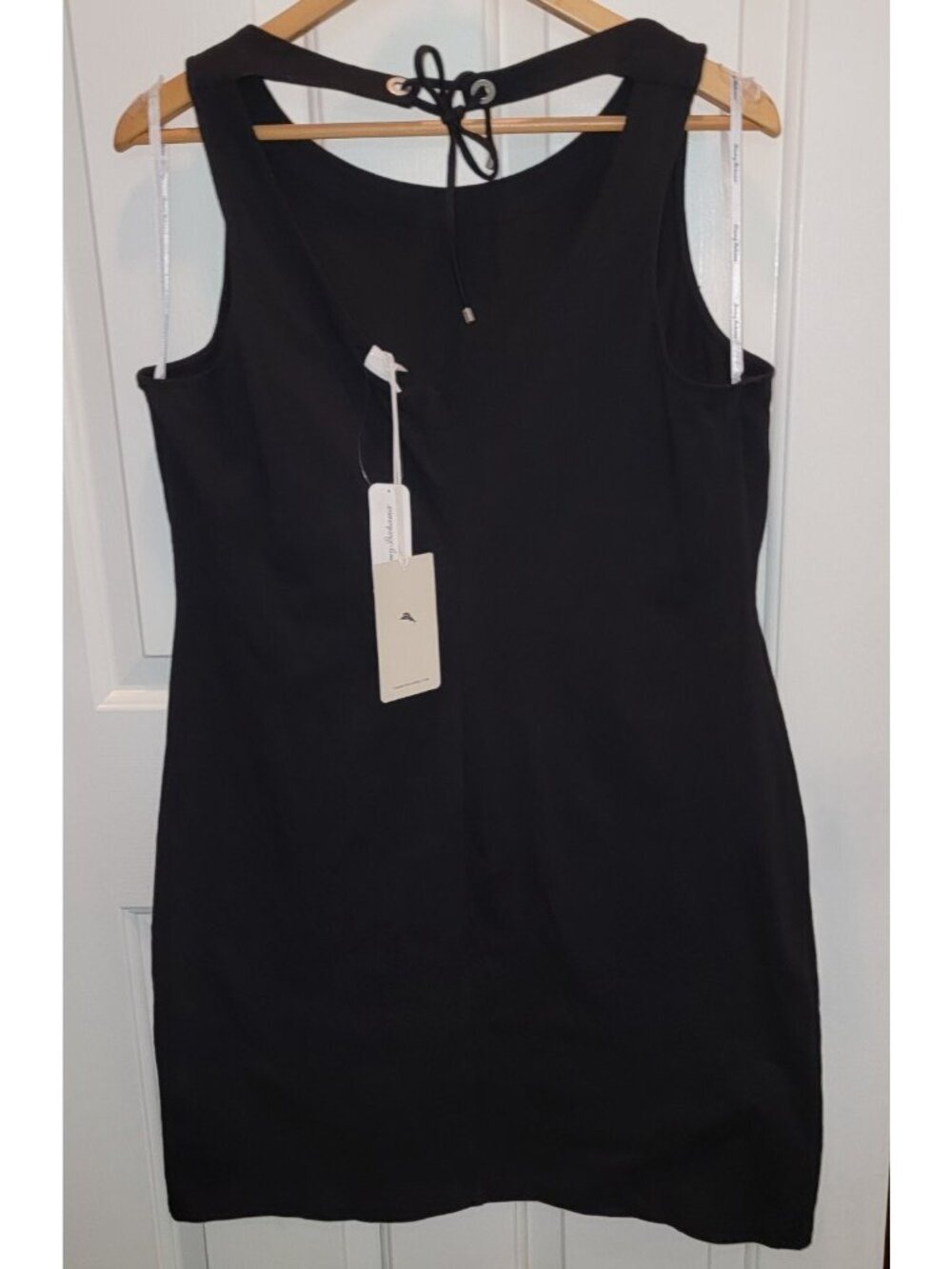 Tommy Bahama Black Sheath Dress Women Large LBD Low Back Sleeveless Stretch - Picture 3 of 7